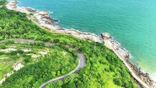 航拍广东惠州大亚湾海岸线绿道海滩自然海景