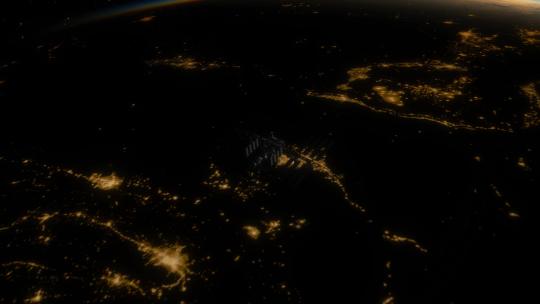 卫星航拍地球黑夜到日出卫星飞越东西半球
