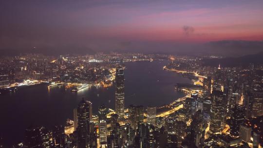 航拍香港维多利亚港黎明景观