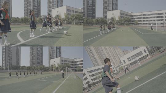 学生上体育课踢足球（含灰片视频可调色）高清在线视频素材下载