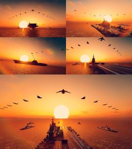 福建号航母 航空母舰 夕阳剪影八一建军节高清在线视频素材下载