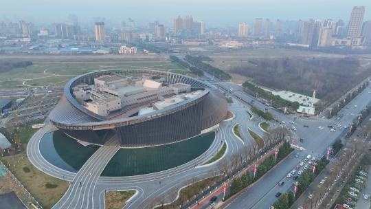 航拍陕西汉中天汉大剧院现代建筑城市风光