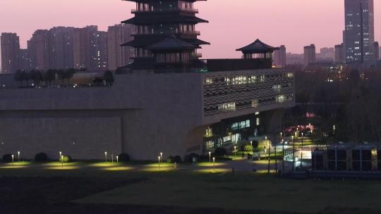 航拍中国扬州大运河博物馆大运塔夕阳夜景