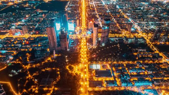 中国吉林长春人民大街城市夜景延时航拍