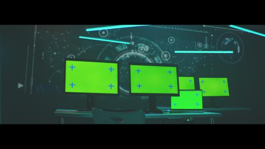 绿幕显示器和高科技动画办公空间4K