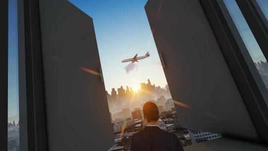 成功人士阶梯大门开启展望未来日出飞机飞过