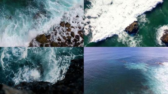 航拍海浪拍打海岸岩石海浪翻滚海浪拍打礁石