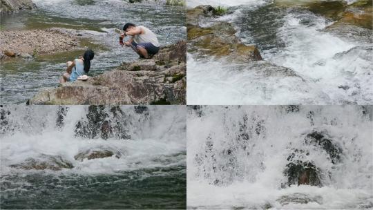 情愫溪涧：情侣拍照打卡，水流升格特写高清在线视频素材下载