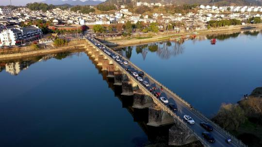 安徽省黄山市歙县太平桥日落航拍风光