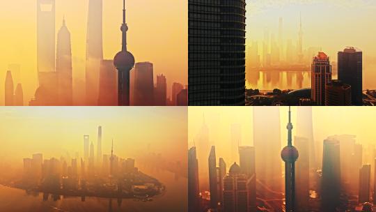 航拍清晨上海日出陆家嘴摩天大楼高清在线视频素材下载