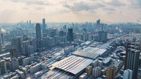 辽宁沈阳北站冬季雪景航拍