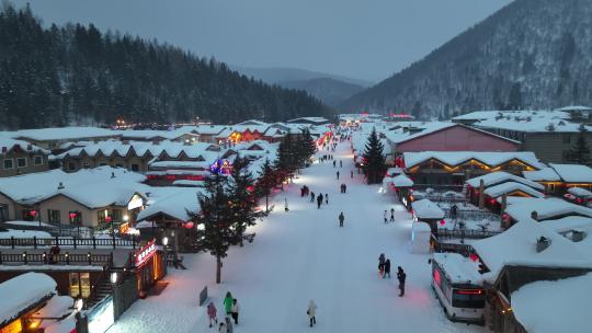 黑龙江雪乡冬季夜景风光航拍