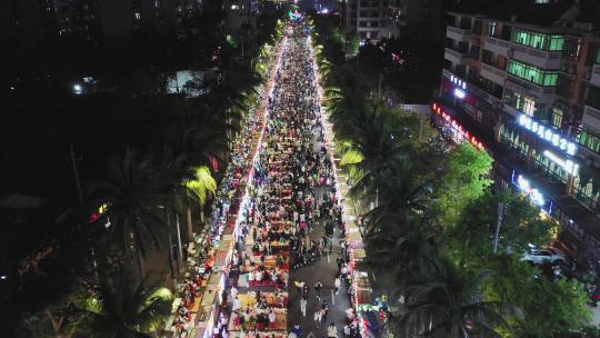 海南大学南门小吃一条街夜景航拍