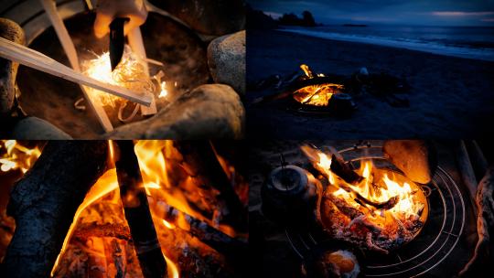 海边露营点火器点燃木材煮咖啡篝火