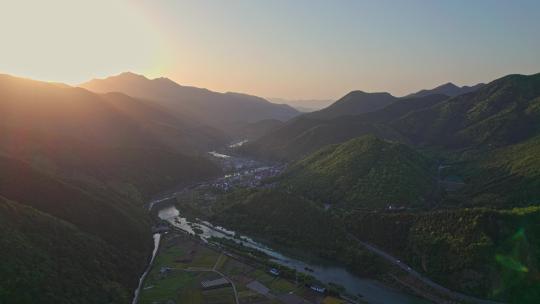 航拍杭州富阳山川河流唯美日出日落