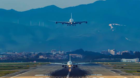 阿联酋航空空客A380震撼降落广州机场视频素材模板下载