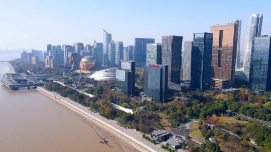 4K  航拍杭州钱塘江畔城市建筑天际线