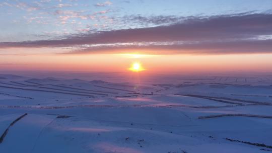 航拍4K内蒙古雪域雪原日落