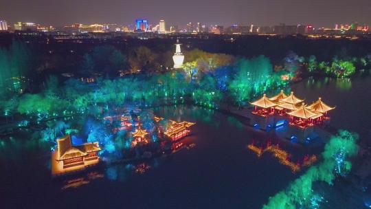 4k航拍江苏扬州瘦西湖夜景灯光秀视频素材模板下载