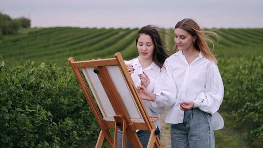 两个女人在野外画画