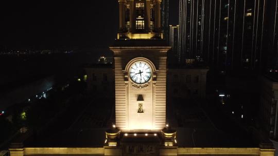 武汉地标 江汉关大楼夜景航拍