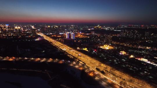 哈尔滨松北区城市夜景航拍风光