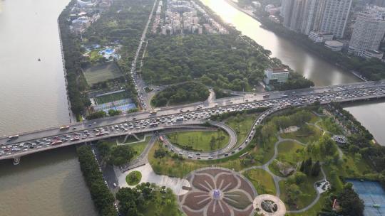 高清航拍广州城市交通下班高峰期广州大桥