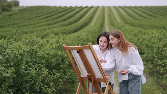 两个女人在种植园里画画