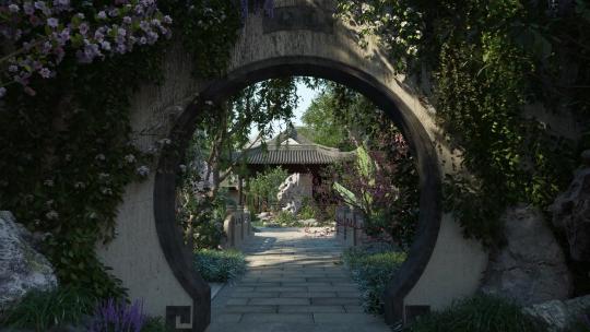 唯美中式园林景观 中式花园 三维庭院 亭子