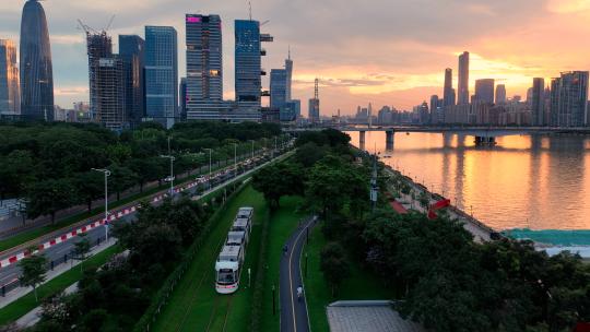 航拍琶洲日落和珠江琶醍夜景