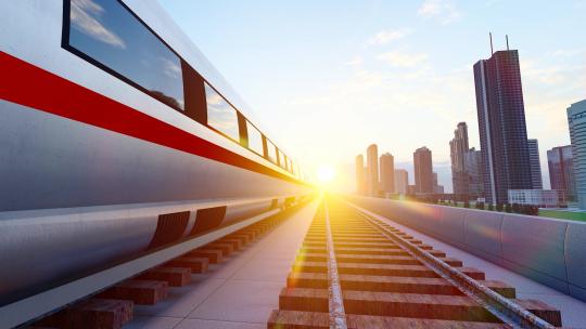 高铁和谐号高速列车日出穿梭城市视频素材模板下载