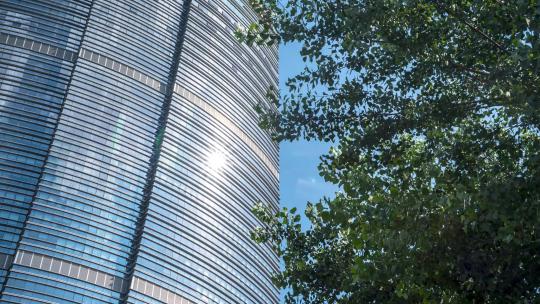 4K超清沈阳现代高楼与绿树生态商务
