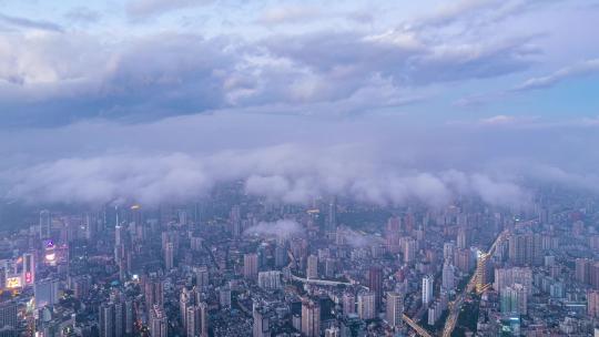 广州城市建筑群与云雾缭绕云海航拍延时
