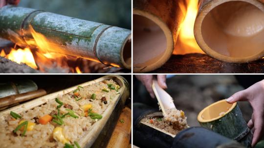 传统竹筒饭烧制过程高清在线视频素材下载