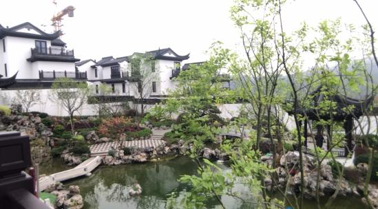中式合院别墅 园林建筑  六角亭 小桥 湖景