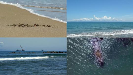 夏季海边海浪沙蟹螃蟹渔船海岸沙滩度假旅行