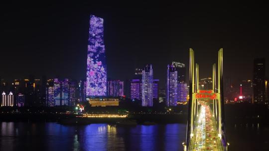 武汉长江二桥夜景灯光秀长焦航拍视频素材模板下载