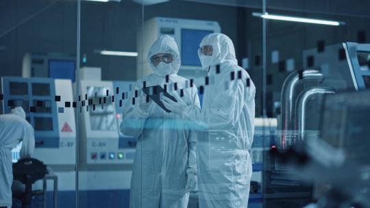 科学家穿着防护服拿着平板在实验室讨论视频素材模板下载