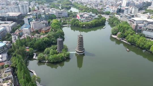 航拍广西桂林日月双塔地标建筑