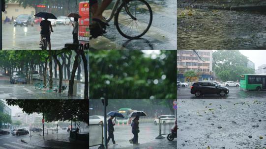 4k下雨天打伞的行人 行驶的汽车 水花高清在线视频素材下载