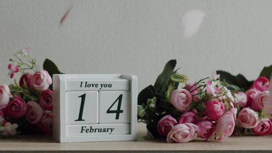 日期为2月14日的日历和鲜花