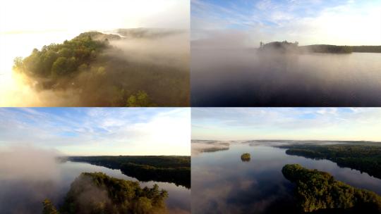 清晨云雾薄雾湖泊森林清新空气航拍