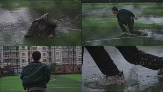 雨中跑步跌倒克服困难充满希望的身影