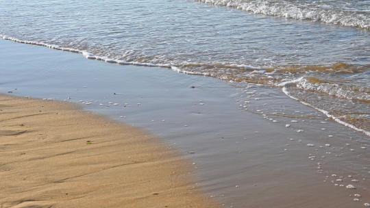 夏天的海边海滩上波浪泛起朵朵浪花