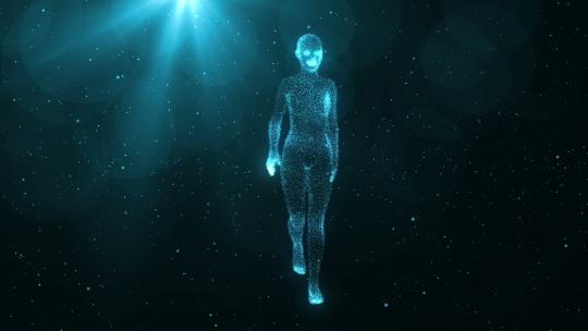 由行走的粒子组成的人类女性形象，发光的剪影，抽象概念，3D动画