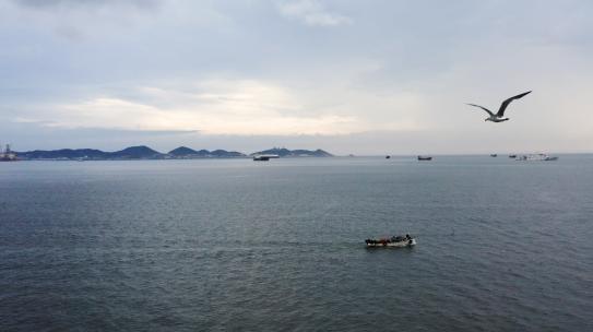 夕阳远山渔船海鸥