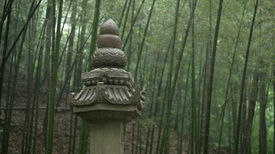 杭州虎跑 下雨天绿色竹林里的石塔