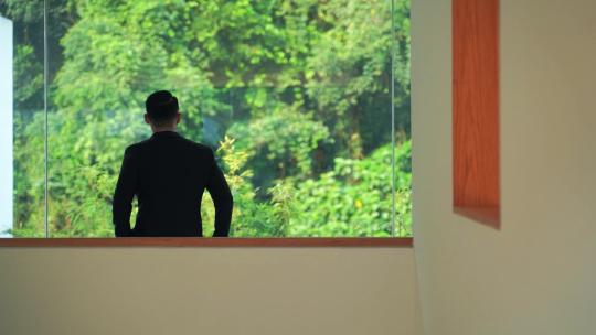 男人看窗外背影商务人士站在窗户看窗外风景视频素材模板下载