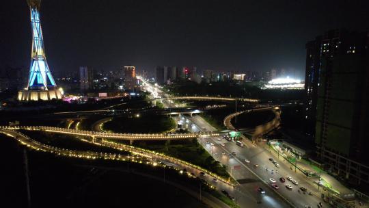 河南郑州航海立交桥夜景交通车流航拍