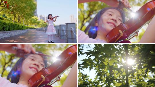 小女孩拉小提琴_阳光穿透树叶